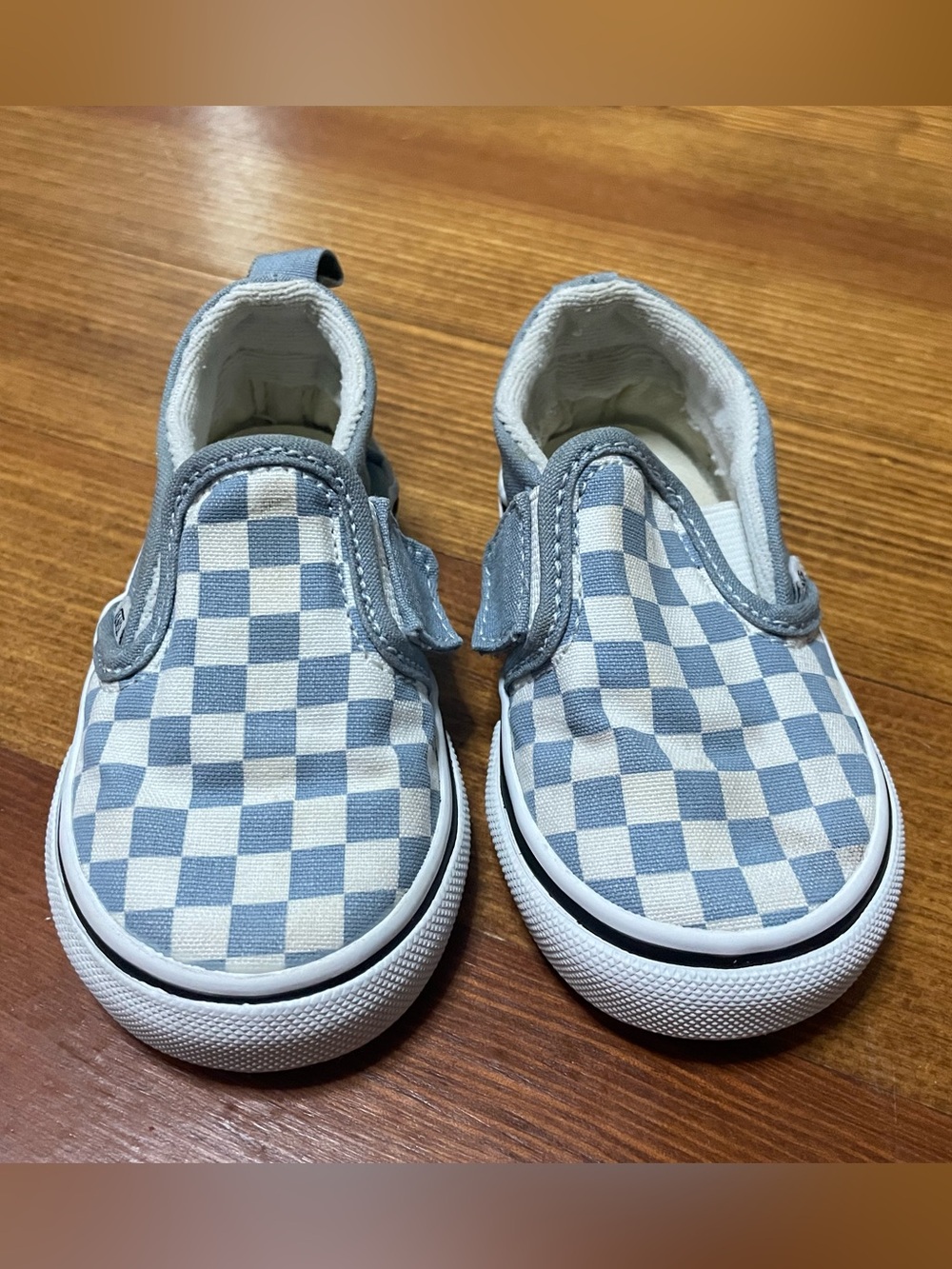 Vans Toddler Slip-On Checkerboard Shoes in Light Blue and White Size 5